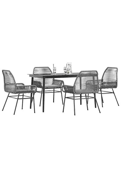 vidaxl طقم طعام للحديقة مكون من 5 قطع مع وسائد، لون رمادي، مصنوع من البولي راتان والزجاج.