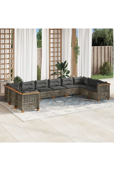 vidaxl طقم أريكة حديقة مكون من 10 قطع مع وسائد، مصنوع من خشب الروطان الصناعي ...