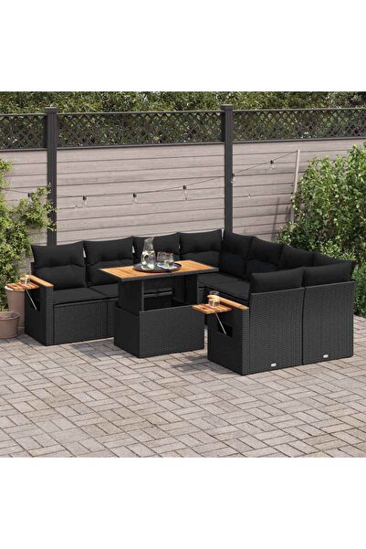 vidaxl طقم أريكة حديقة مكون من 9 قطع مع وسائد، مصنوع من البولي راتان الأسود و...