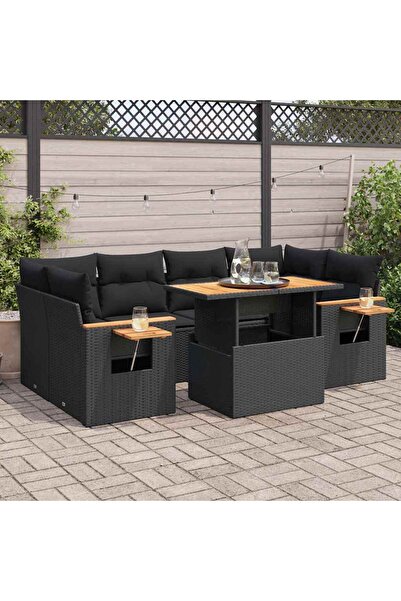 vidaxl طقم أريكة حديقة مكون من 7 قطع مع وسائد، مصنوع من البولي راتان الأسود و...