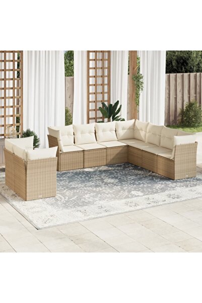 vidaxl طقم كنب حديقة مكون من 9 قطع مع وسائد، لون بيج، مصنوع من البولي راتان