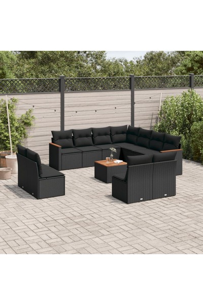 vidaxl طقم أريكة حديقة مكون من 12 قطعة مع وسائد، مصنوع من خشب الروطان الأسود.