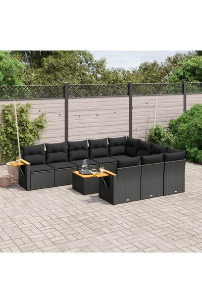 vidaxl طقم أريكة حديقة مكون من 11 قطعة مع وسائد، مصنوع من خشب الروطان الأسود.