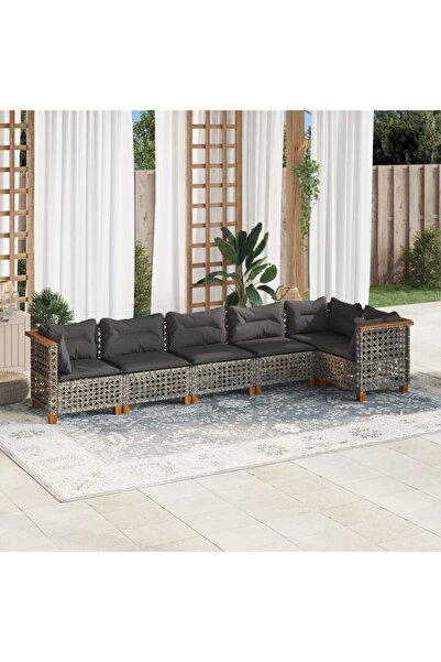 vidaxl طقم كنب حديقة مكون من 6 قطع مع وسائد، مصنوع من خشب الروطان الصناعي الرمادي