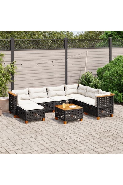 vidaxl طقم كنب حديقة مكون من 8 قطع مع وسائد، مصنوع من خشب الروطان الصناعي الأسود