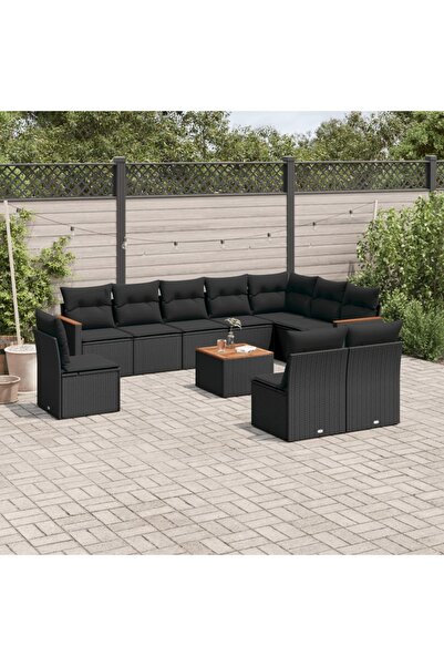 vidaxl طقم أريكة حديقة مكون من 11 قطعة مع وسائد، مصنوع من خشب الروطان الأسود.