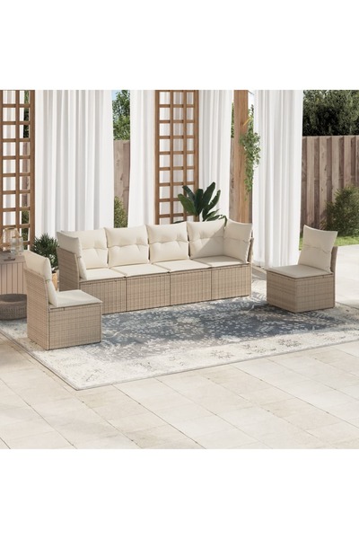 vidaxl طقم كنب حديقة مكون من 6 قطع مع وسائد، لون بيج، مصنوع من البولي راتان