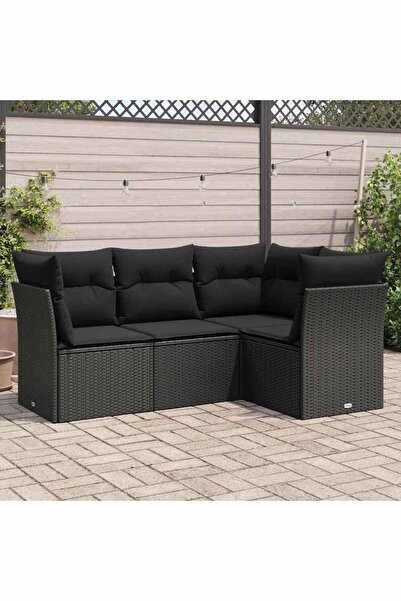 vidaxl طقم أريكة حديقة من 4 قطع مع وسائد من البولي راتان الأسود