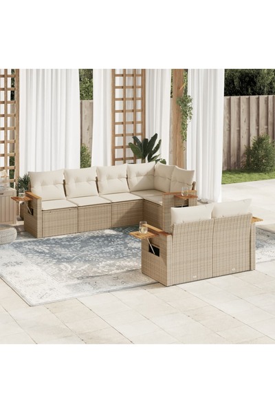 vidaxl طقم كنب حديقة مكون من 7 قطع مع وسائد، لون بيج، مصنوع من البولي راتان