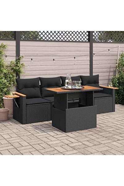 vidaxl طقم أريكة حديقة مكون من 5 قطع مع وسائد، مصنوع من البولي راتان الأسود و...