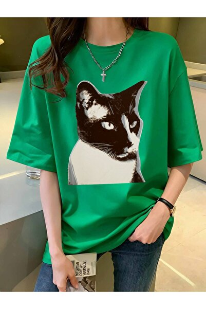 DingDing Fashion تيشيرت قطني أخضر من القنب يسمح بمرور الهواء، مزين برسومات لل...