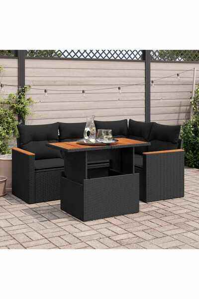 vidaxl طقم أريكة حديقة مكون من 5 قطع مع وسائد، مصنوع من البولي راتان الأسود و...