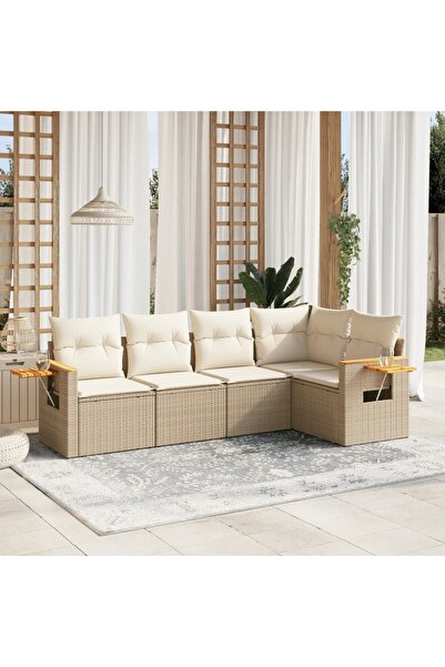 vidaxl طقم أريكة حديقة مكون من 5 قطع مع وسائد، لون بيج، مصنوع من البولي راتان