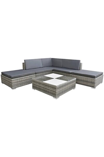 vidaxl طقم أريكة حديقة مكون من 6 قطع مع وسائد من البولي راتان الرمادي