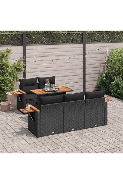 vidaxl طقم كنب حديقة مكون من 6 قطع مع وسائد، مصنوع من البولي راتان الأسود وخشب الأكاسيا