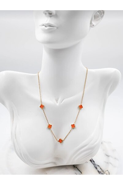 GUNESTAKI Gold Mini Turuncu Yonca Model Çelik Kolye