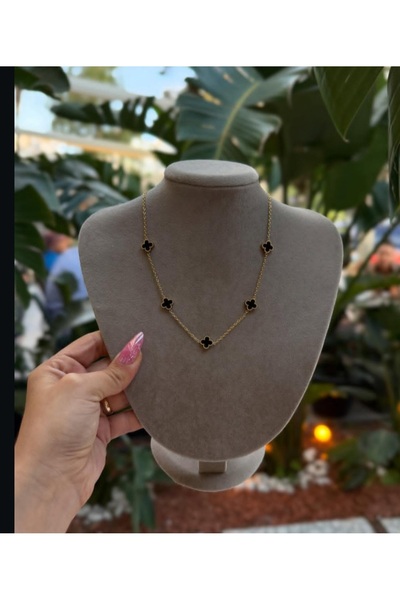 GUNESTAKI Gold Mini Siyah Yonca Model Çelik Kolye