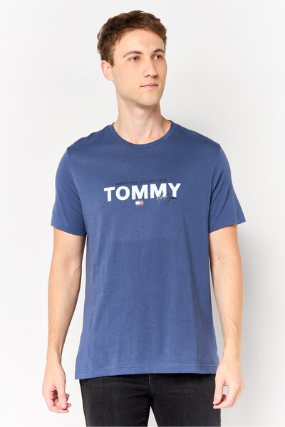 Tommy Hilfiger Men Crew Neck Short Sleeve Brand Logo T- Shirt, Slate Blue