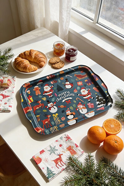 EVLE Christmas Themed Decorative Metal Tray 21.5 X 31.6 cm – Serving & Presentation Tray'Christmas Icons Party'