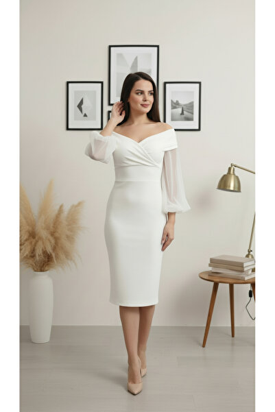 Rokka Moda Omzu Açık Şifon Kollu Midi Boy Kalem Elbise