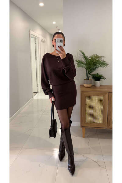 BİRCANÇİL Petisa Kahve Kayık Yaka Modal Elbise