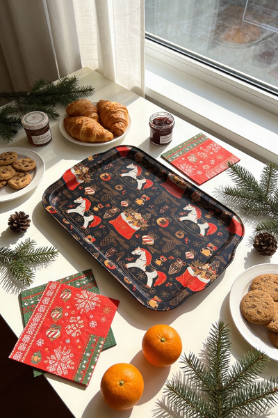 EVLE Christmas Themed Decorative Metal Tray 21.5 X 31.6 cm – Serving & Presentation Tray'Old Town Christmas'