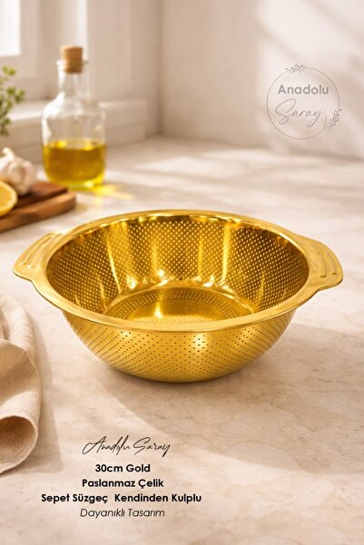 Anadolu Saray 30 cm Gold Stainless Steel Basket Strainer – Durable Design with Self-Handle