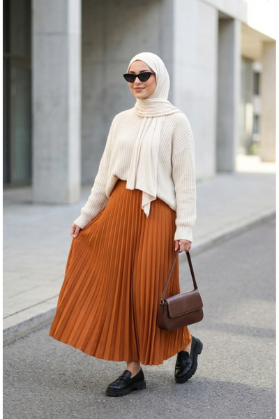 sefamerve Elastic Waist Pleated Skirt 0213-11 Mustard