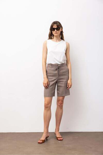 VİVENTO Bağcıklı Keten Bermuda Şort - Vizon S6001