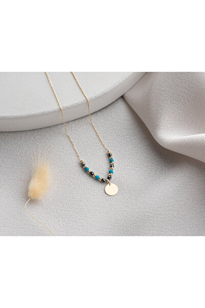 MİNİMAL Altın dorika toplu Hematit ve Firuze taşlı Plaka Altın kolye