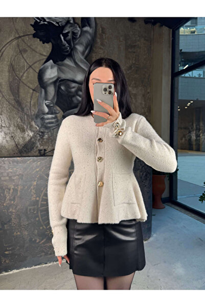missswans Milli Peplum Pırıltılı Düğmeli Hırka Krem
