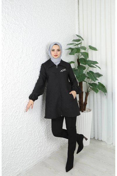 Queyla İnci İşlemeli Kapitone Fermuarlı Mont