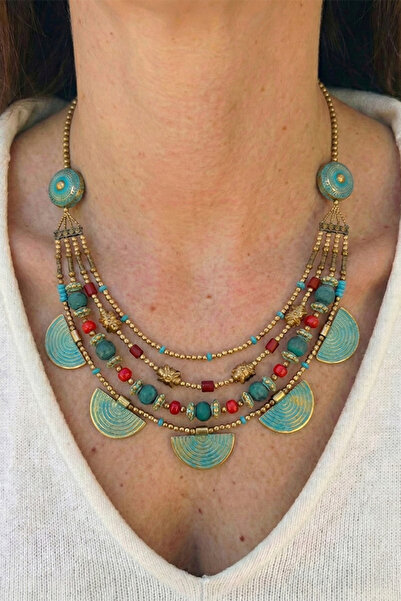 lumosart El İşçiliği Çok Katmanlı Yeşil Turuncu Boncuklu Etnik Bohem Kolye