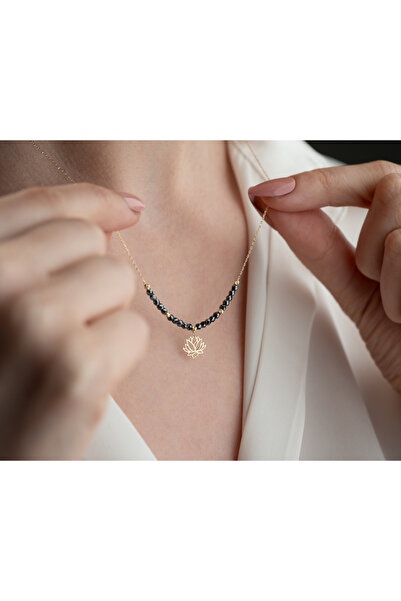 MİNİMAL Altın dorika toplu Hematit taşlı Lotus Altın kolye