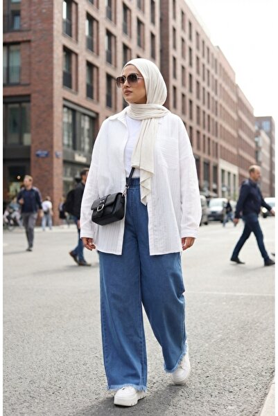 sefamerve Elastic Waist Tassel Trim Denim Pants 2211-03 Blue