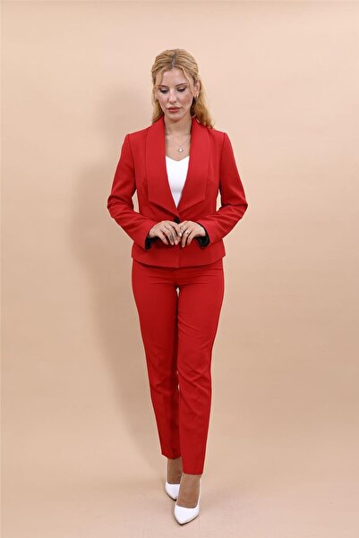 ÖNDER ÖZSOY One Button Classic Modern Jacket & Slim Leg Pants Women's Suit -Red