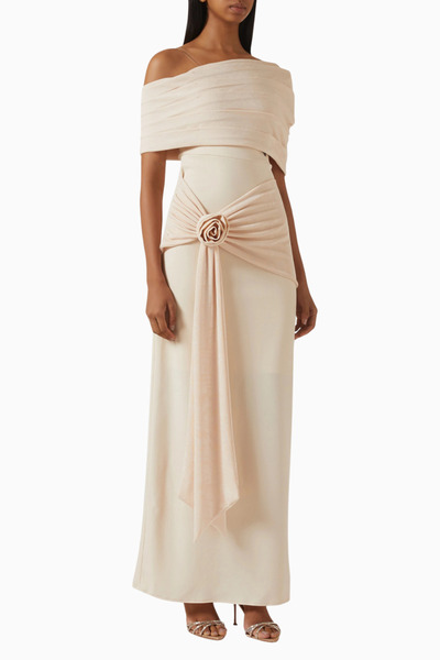 AC BY AANCHAL CHANDA Off-shoulder Rose Drape Gül Drapeli Omuz Dekolteli Uzun ...