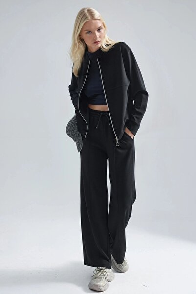 Hiccup Modal Textured Zippered Sweatshirt & Ribbed Pants Set Berşan Collection