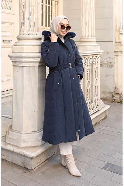 sefamerve Large Size Hooded Belted Coat 6322-02 Navy Blue