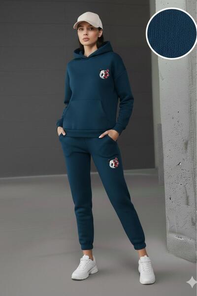 CAST COLLECTİON Women's Panda Printed Petrol Blue Hooded Petrol Blue Tracksui...