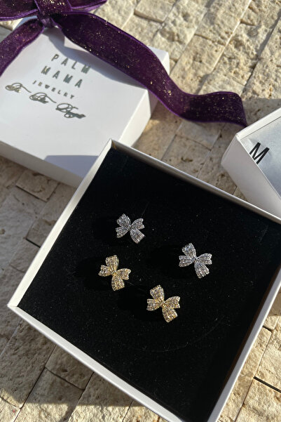 PALM MAMA JEWELRY Minimal Sweet Ribbon Bow Stone Gold Steel Earrings