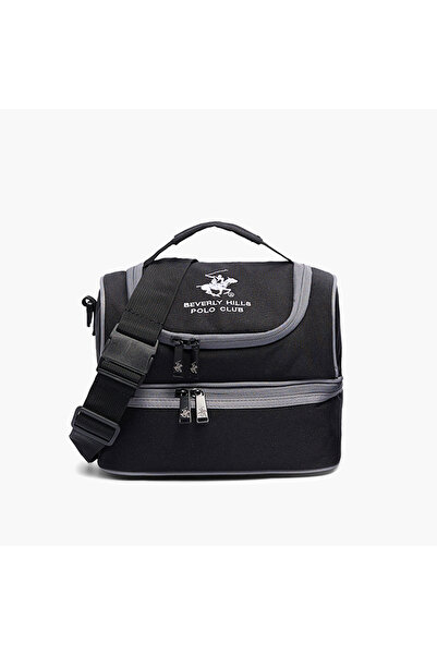 Bhpc حقيبة غداء مزينة بشعار نادي بيفرلي هيلز بولو، مزودة بحزام قابل للتعديل وسحاب للإغلاق.