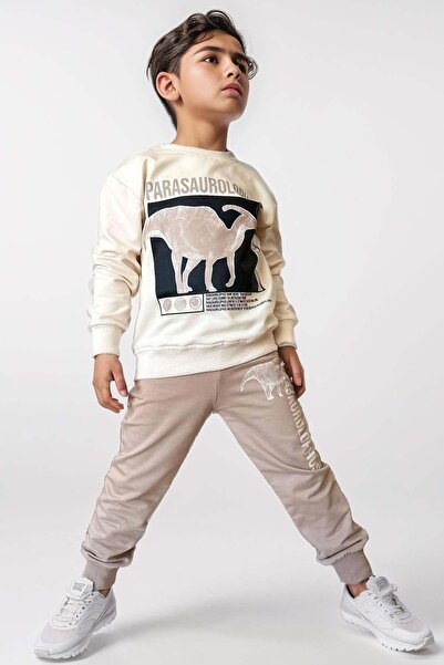 Riccotarz Boy's Parasaurolophus Digital and Text on Chest Printed Beige Tracksuit Set
