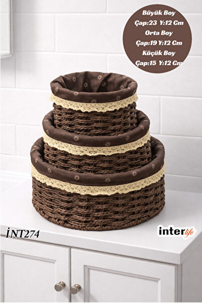 İnterlife 3-Piece Wicker Basket Round Wicker Basket with Fabric Lining |   Mu...