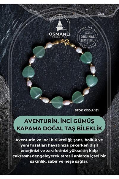 OSMANLI DOĞAL TAŞ Certified Aventurine, Pearl Silver Clasp Natural Stone Bracelet (Sk:181)