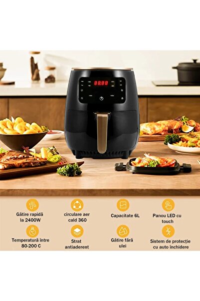 TodayShop Friteuză cu aer cald fără ulei, 2400W, 6L cu afișaj digital