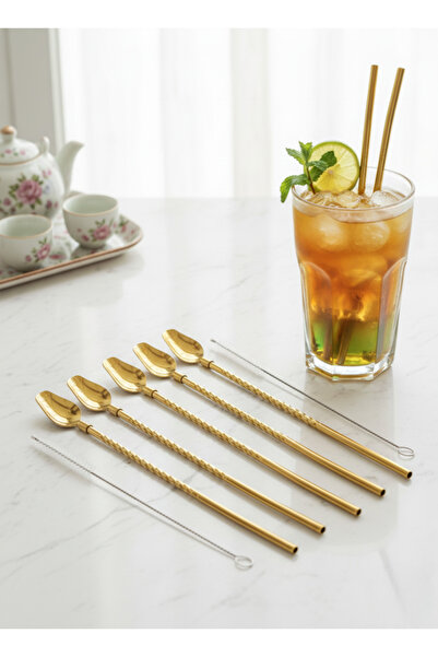 Elista 6-Piece Gold Straw Latte Spoon Cocktail Spoon and Cleaning Brush, 22 cm Lale