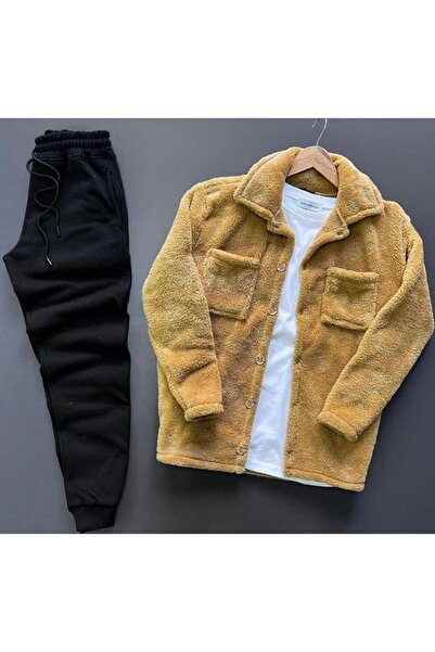 CAST COLLECTİON Men's Milk Coffee Buttoned Plush Jacket Black Winter Tracksui...