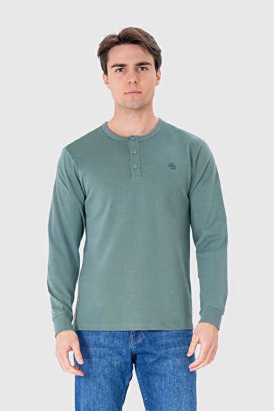 UNIQVIBE 100% Organic Cotton Green Long Sleeve Men's Buttoned T-Shirt