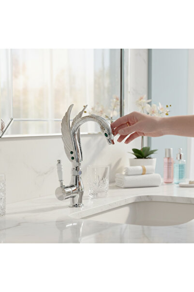 İSAOĞLU YAPI Silver Sink Faucet Special Design Handmade Motif Sink Fixture Brass Material Chrome Color